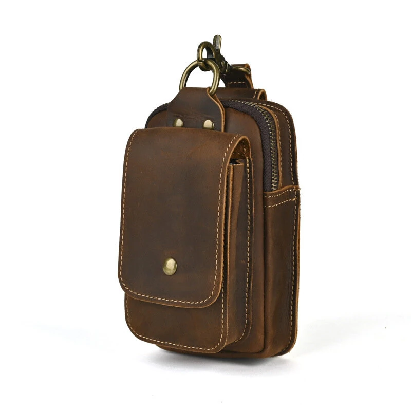7 Inch Genuine Leather Men's Waist Bag Multi Pocket Retro Zipper Clasp Hanging Belt Phone Case Pouch for Outdoor Travel — view 6