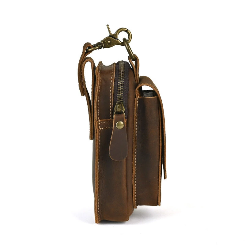7 Inch Genuine Leather Men's Waist Bag Multi Pocket Retro Zipper Clasp Hanging Belt Phone Case Pouch for Outdoor Travel — view 7