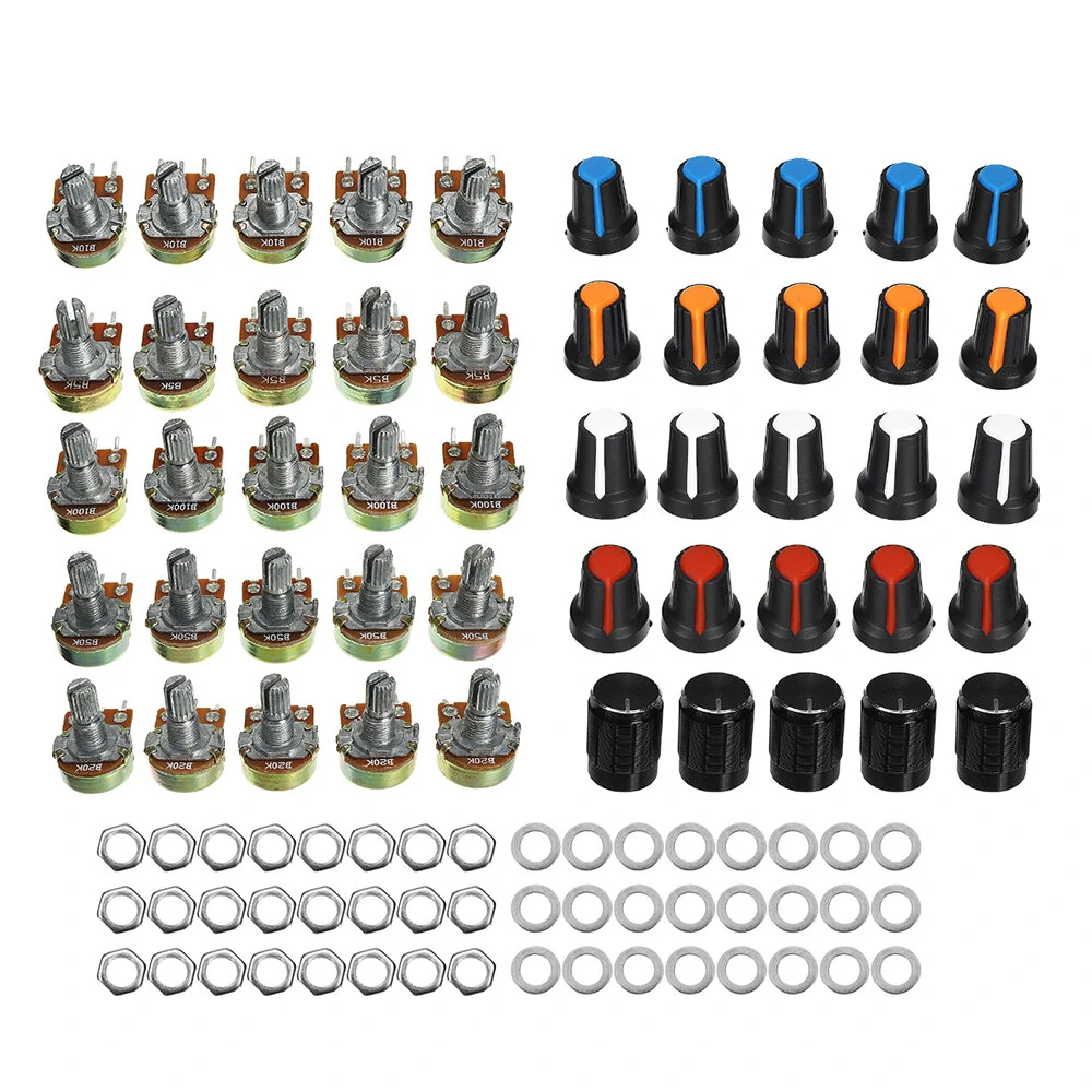 75 Potentiometers B5K B10K B20K B50K B100K ohm Knurled Shaft Single Linear Rotary Cone Volume Control Potentiometer Kit — view 11