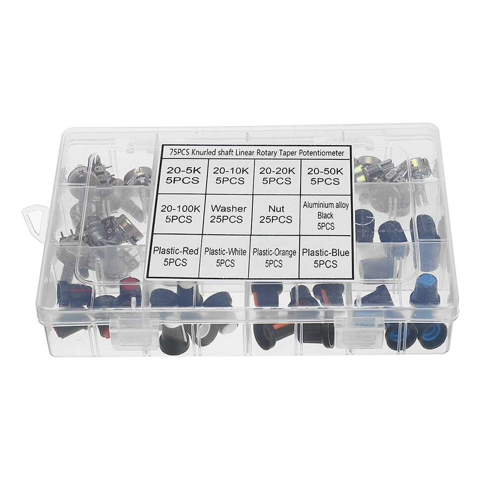 75 Potentiometers B5K B10K B20K B50K B100K ohm Knurled Shaft Single Linear Rotary Cone Volume Control Potentiometer Kit — view 2