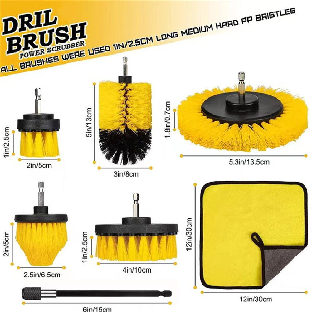 7PCS Set of Drill Brush Cleaning Set Multiple Sizes Nylon Bristles Attachments Extension Rod Compatible with All Most Electric Drill Multi Surface Cleaning Bathroom Kitchen Car Garden — view 4