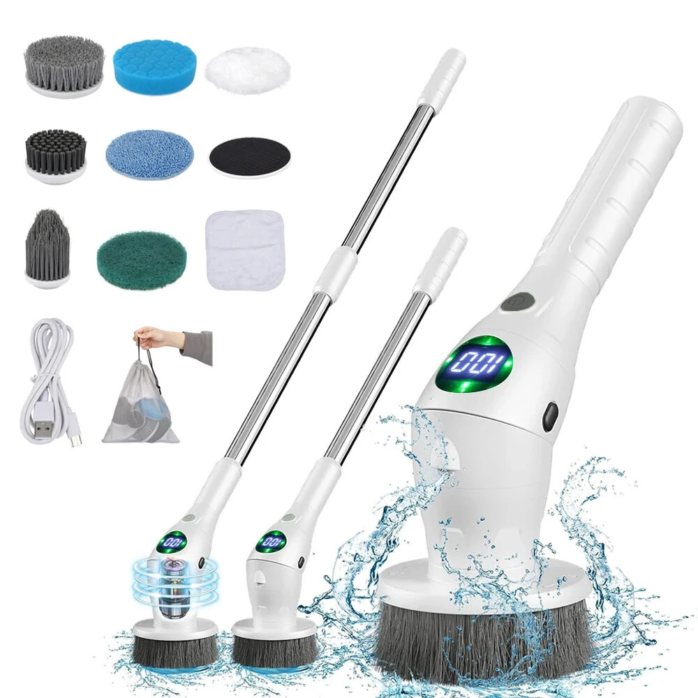8 in 1 Multifunctional Wireless Cleaning Brush 2500mAh Type-C USB Rechargeable 450RPM Adjustable Lengths LED Night Light for Bathroom Kitchen Windows Car — Pricio