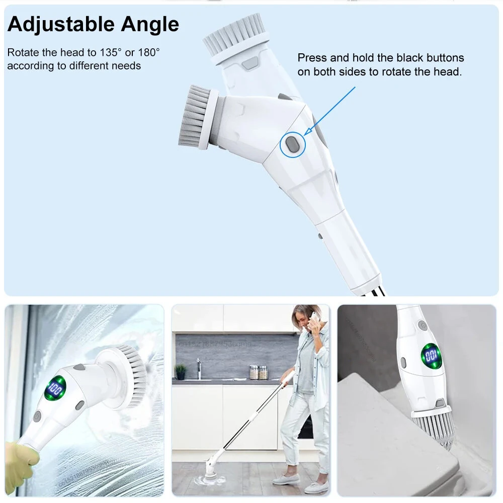 8 in 1 Multifunctional Wireless Cleaning Brush 2500mAh Type-C USB Rechargeable 450RPM Adjustable Lengths LED Night Light for Bathroom Kitchen Windows Car — view 7