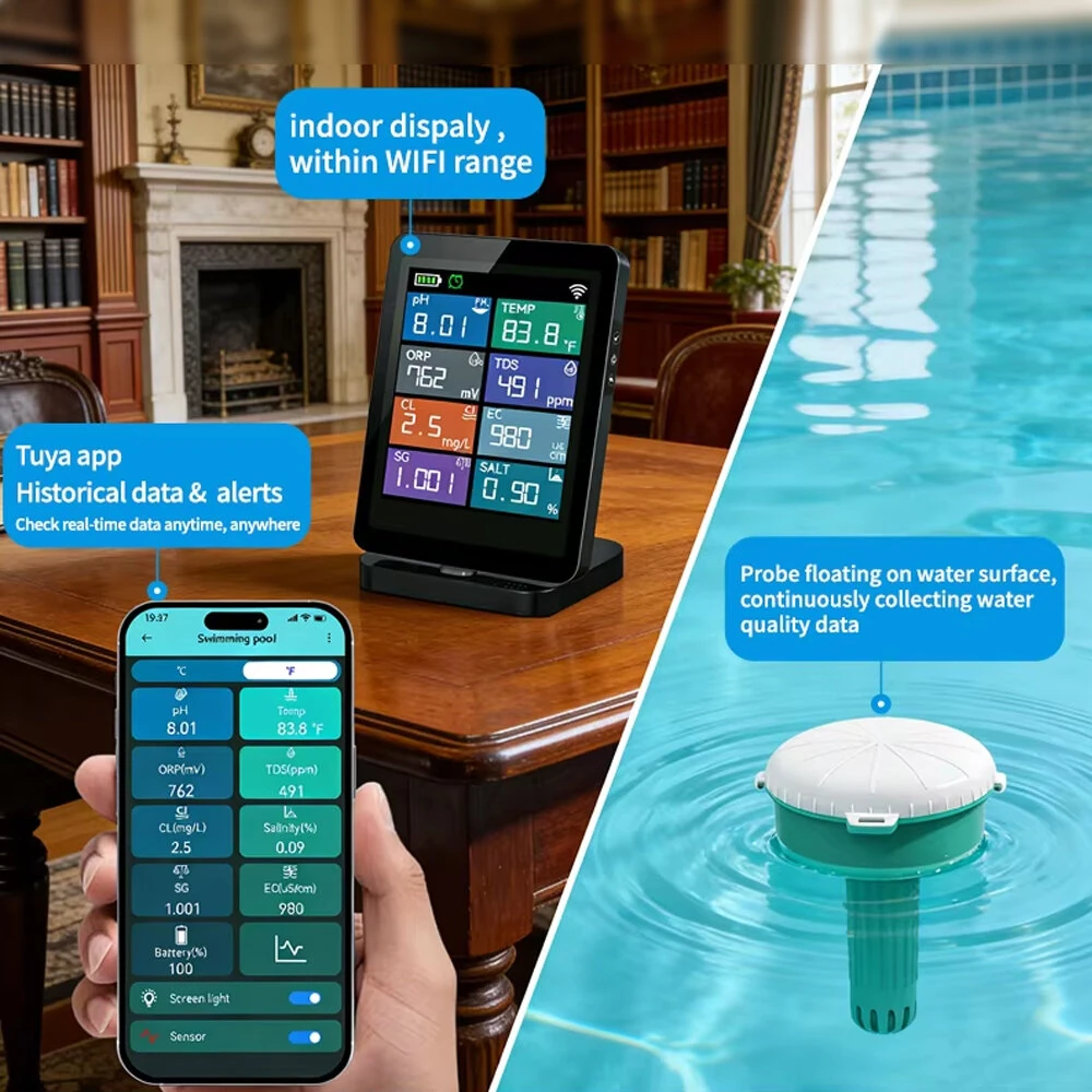 8-in-1 Smart WIFI Floating Pool Water Tester Digital PH Chlorine TDS Salinity ORP EC Temp Meter with Tuya App Monitor — view 3