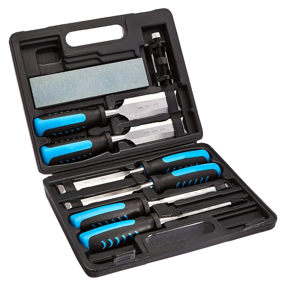8-Piece Wood Carving Chisel Set Chromium-Vanadium Steel Blades Wood Handles Sharpening Stone and Honing Guide for Woodworking — image 1