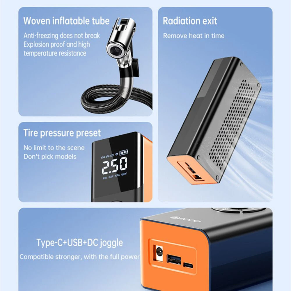 80W Car Tire Inflator Portable Air Compressor 150 PSI Electric Tire Inflator Cordless Tire Pump with Digital LED Display Emergency Light — view 2