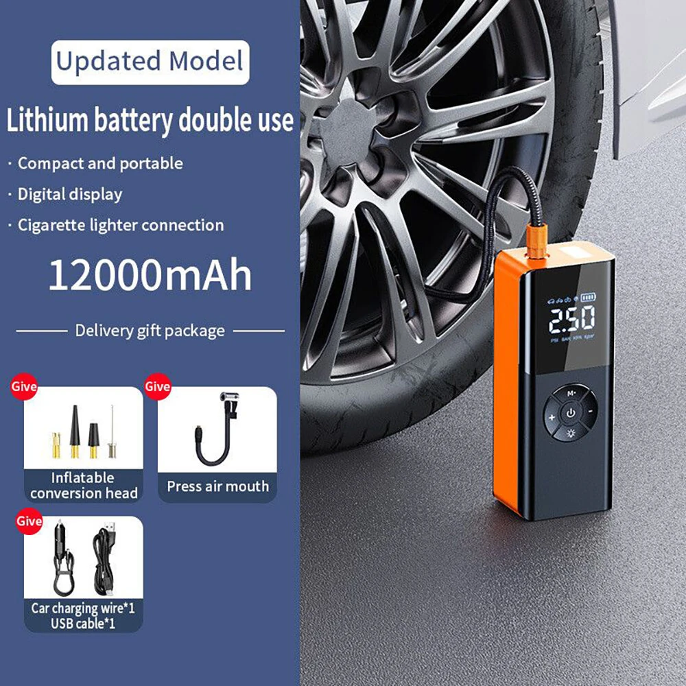 80W Car Tire Inflator Portable Air Compressor 150 PSI Electric Tire Inflator Cordless Tire Pump with Digital LED Display Emergency Light — view 3