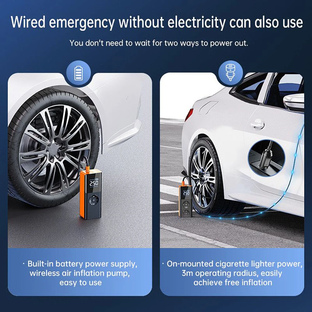 80W Car Tire Inflator Portable Air Compressor 150 PSI Electric Tire Inflator Cordless Tire Pump with Digital LED Display Emergency Light — view 6