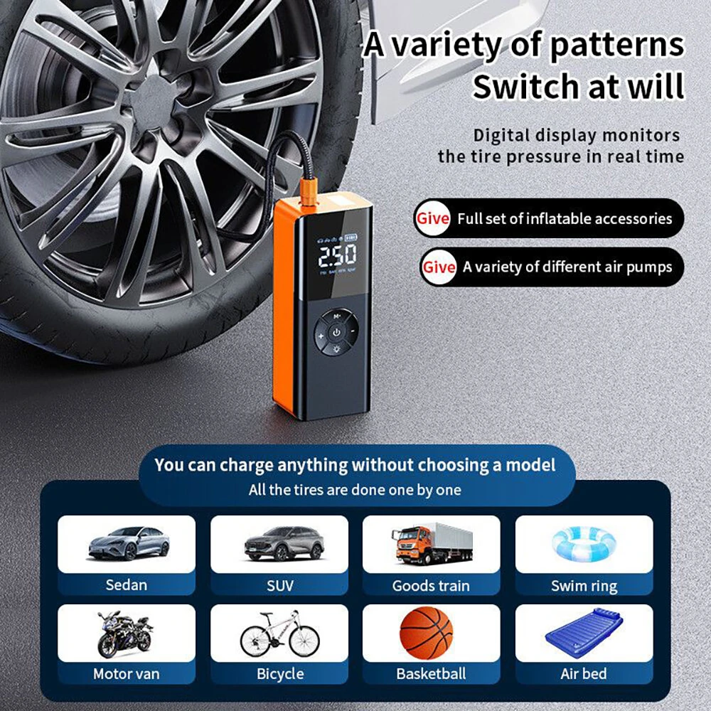 80W Car Tire Inflator Portable Air Compressor 150 PSI Electric Tire Inflator Cordless Tire Pump with Digital LED Display Emergency Light — view 8