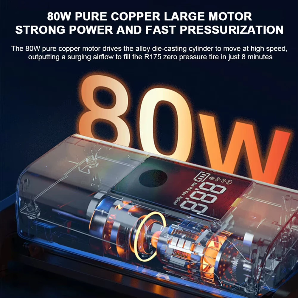 80W Cordless Car Tyre Inflator Air Compressor LCD Digital Display USB Rechargeable 3000mAh Battery for Car Motorcycle Bicycle Ball — view 7