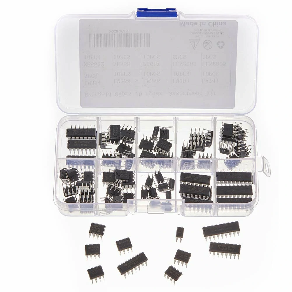 85pcs 10 Types Integrated Circuit Chip IC Chips Assortment Kit OPAMP Single Precision Timer PWM Including LM324 LM358 LM386 LM393 UA741 NE5532 NE555 PC817 ULN2003 ULN2803 — view 2
