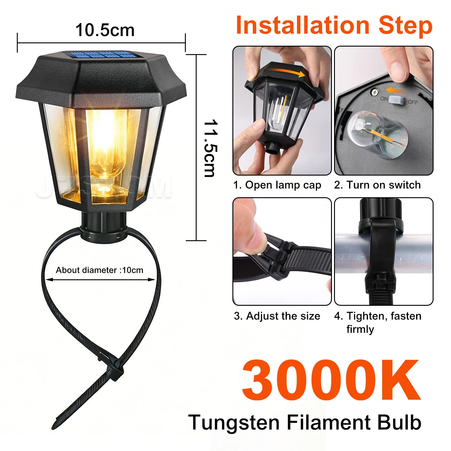 8pcs/pack JZSTOM Solar Tungsten Filament Lamp 3000K Outdoor Garden Lights Waterproof IP65 Fence Lighting Auto On/Off Warm White Decorative Lighting — view 3