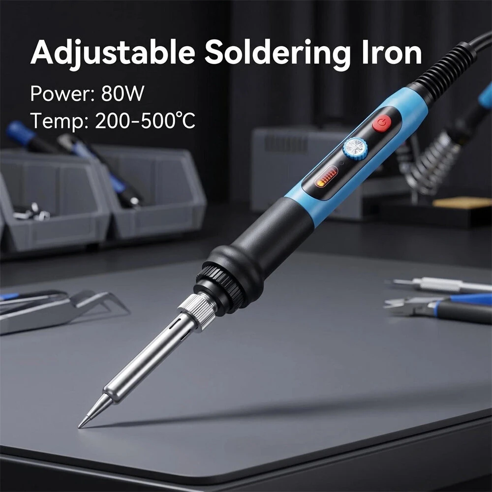 908N Internal Heating Soldering Iron Kit 15pcs 80W Adjustable Temperature 200-500°C With Stand Tips Desoldering Pump Tweezers Storage Bag — view 2
