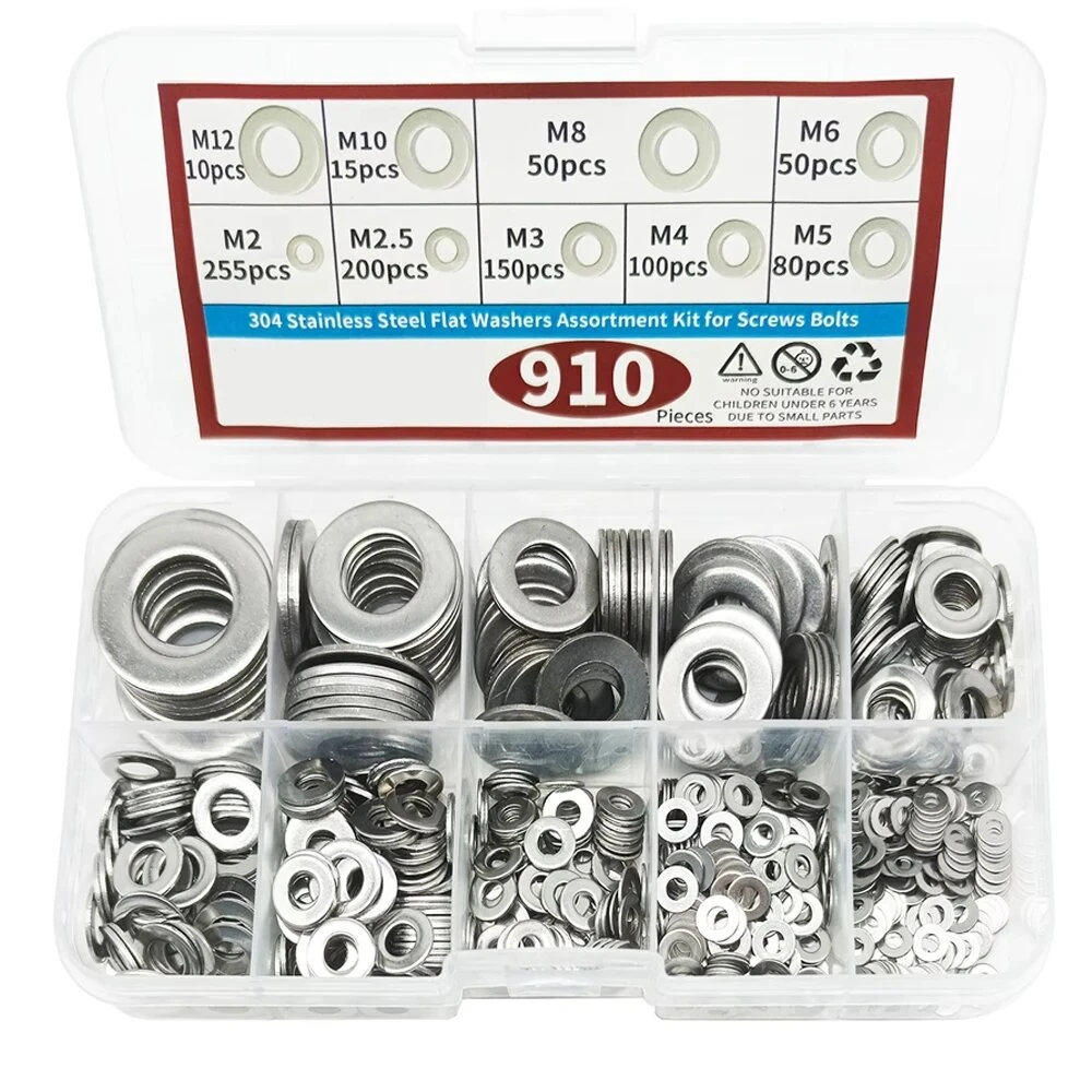 910pcs/200pcs 9 Sizes 304 Stainless Steel Flat Washers Assortment Kit M2 M2.5 M3 M4 M5 M6 M8 M10 M12 Suitable for Electronic Components — image 1