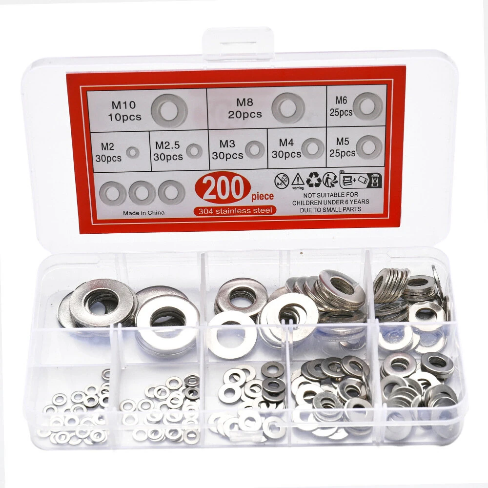 910pcs/200pcs 9 Sizes 304 Stainless Steel Flat Washers Assortment Kit M2 M2.5 M3 M4 M5 M6 M8 M10 M12 Suitable for Electronic Components — view 2