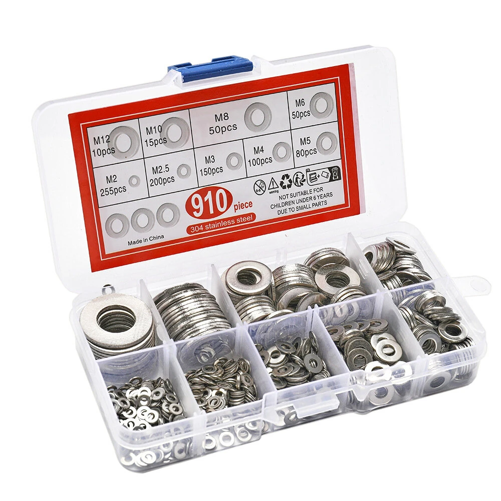 910pcs/200pcs 9 Sizes 304 Stainless Steel Flat Washers Assortment Kit M2 M2.5 M3 M4 M5 M6 M8 M10 M12 Suitable for Electronic Components — view 3