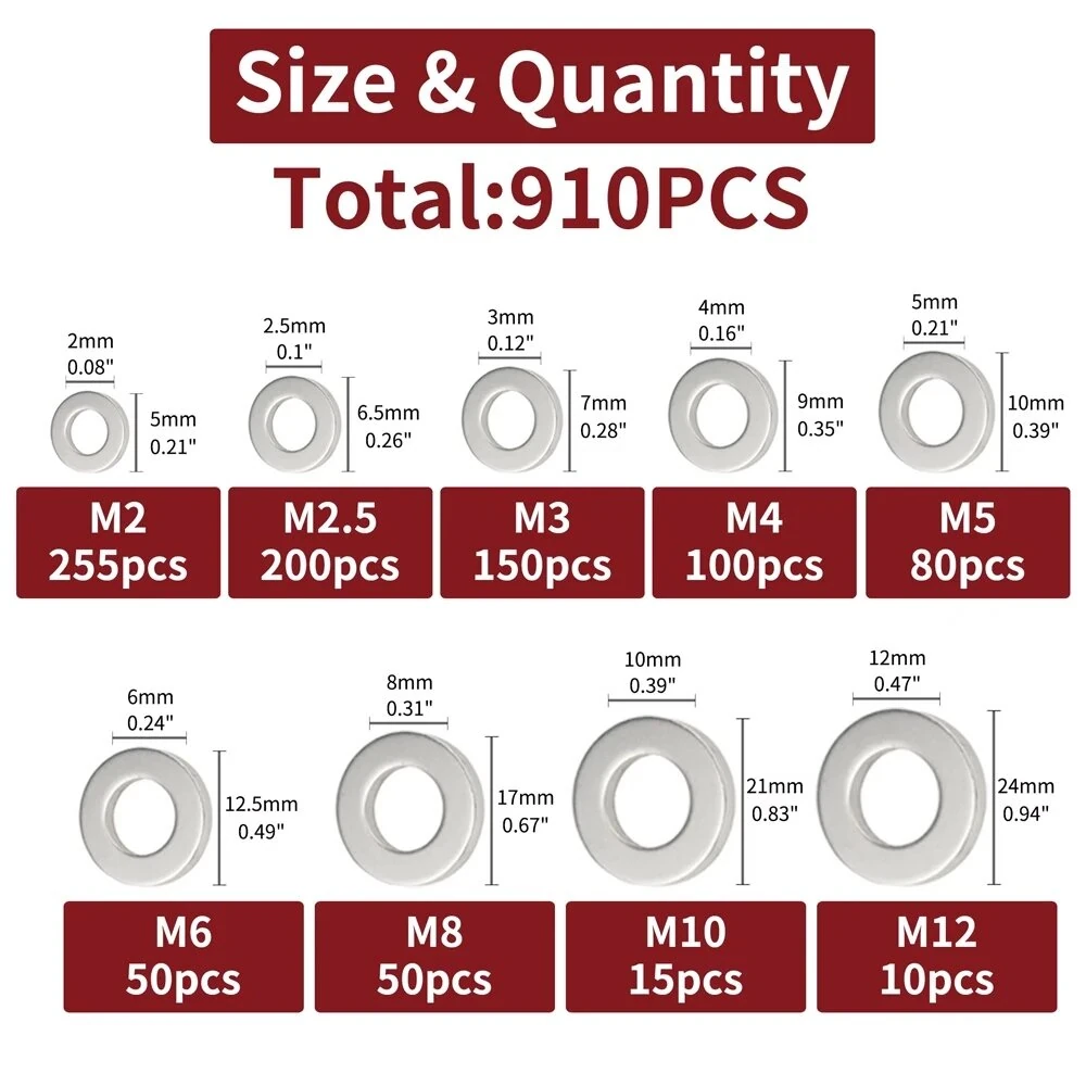 910pcs/200pcs 9 Sizes 304 Stainless Steel Flat Washers Assortment Kit M2 M2.5 M3 M4 M5 M6 M8 M10 M12 Suitable for Electronic Components — view 6
