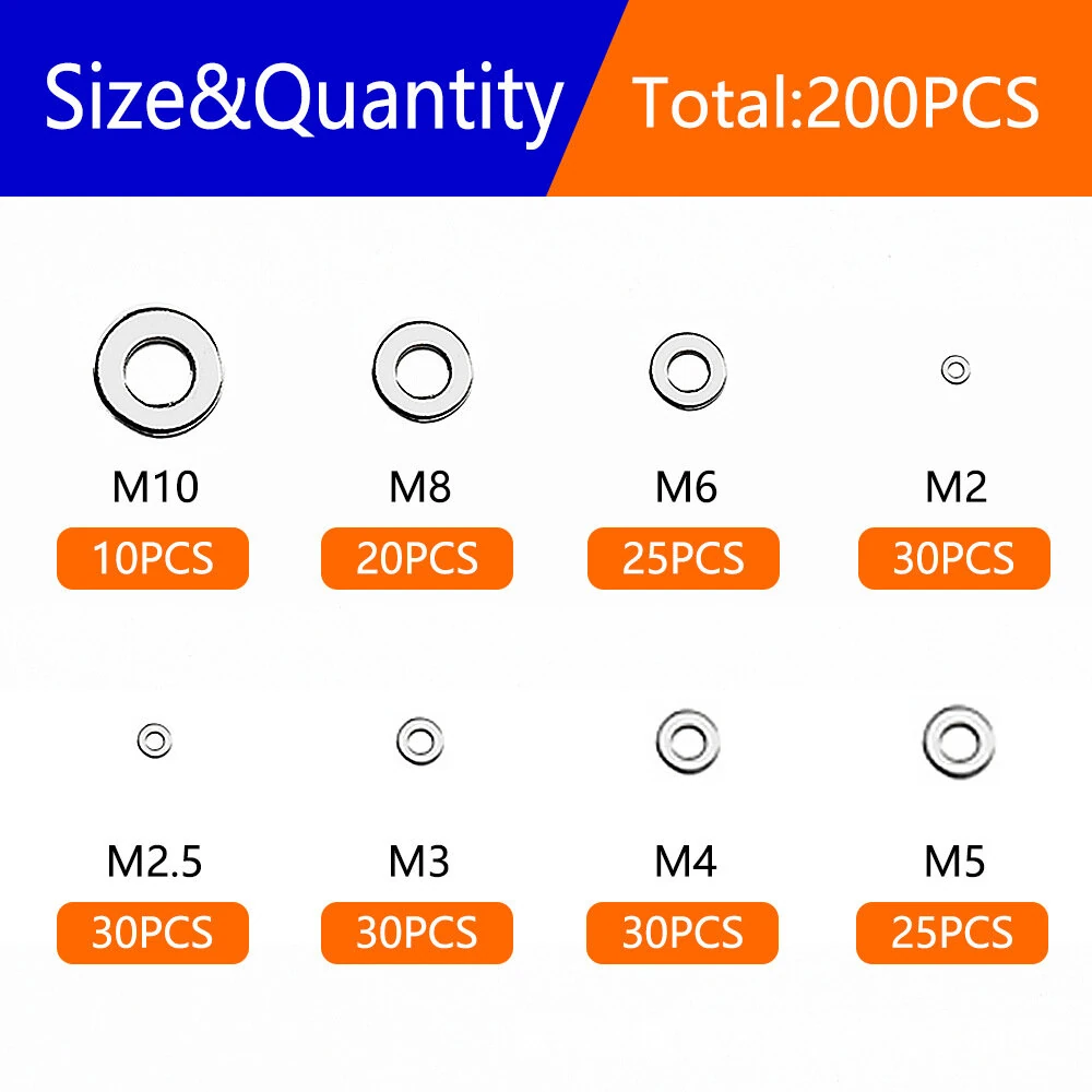 910pcs/200pcs 9 Sizes 304 Stainless Steel Flat Washers Assortment Kit M2 M2.5 M3 M4 M5 M6 M8 M10 M12 Suitable for Electronic Components — view 7