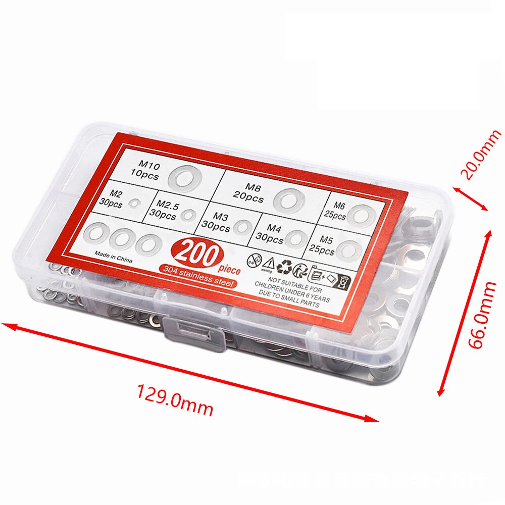910pcs/200pcs 9 Sizes 304 Stainless Steel Flat Washers Assortment Kit M2 M2.5 M3 M4 M5 M6 M8 M10 M12 Suitable for Electronic Components — view 8