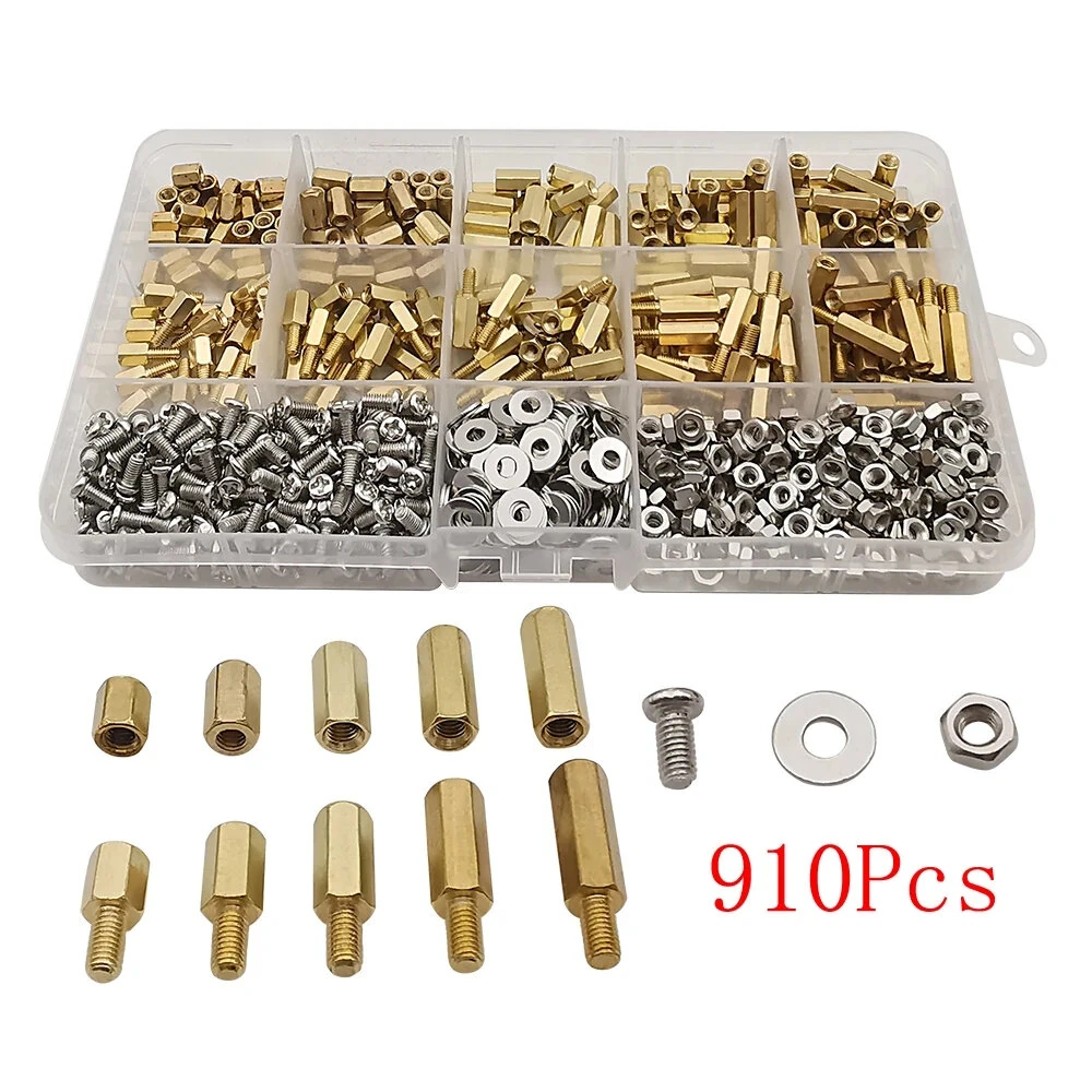 910Pcs M3 Copper Standoff Screws Nuts Washers Assortment Kit 6mm to 14mm Standoffs for PCB Mounting Hardware DIY Projects Electronics