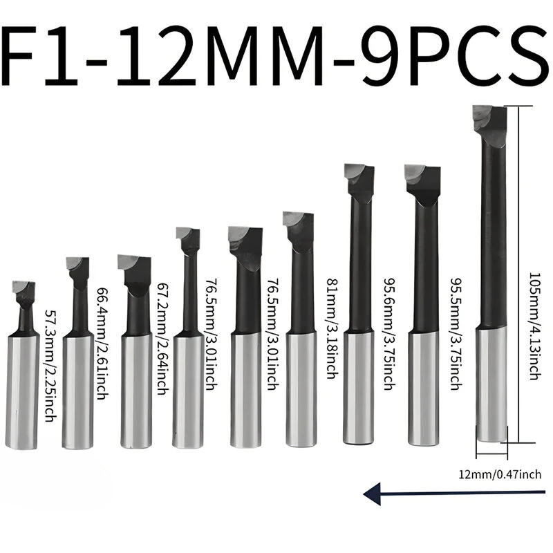 9pcs 12pcs F1 Boring Bar Set Carbide Tipped Welding Boring Tool Rod 12mm 18mm Shank 45 Steel Internal Hole Lathe Tools for F1 Boring Head CNC Milling Machining Metalworking Tooling Kit — view 2