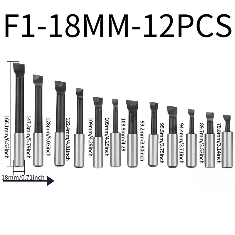 9pcs 12pcs F1 Boring Bar Set Carbide Tipped Welding Boring Tool Rod 12mm 18mm Shank 45 Steel Internal Hole Lathe Tools for F1 Boring Head CNC Milling Machining Metalworking Tooling Kit — view 3