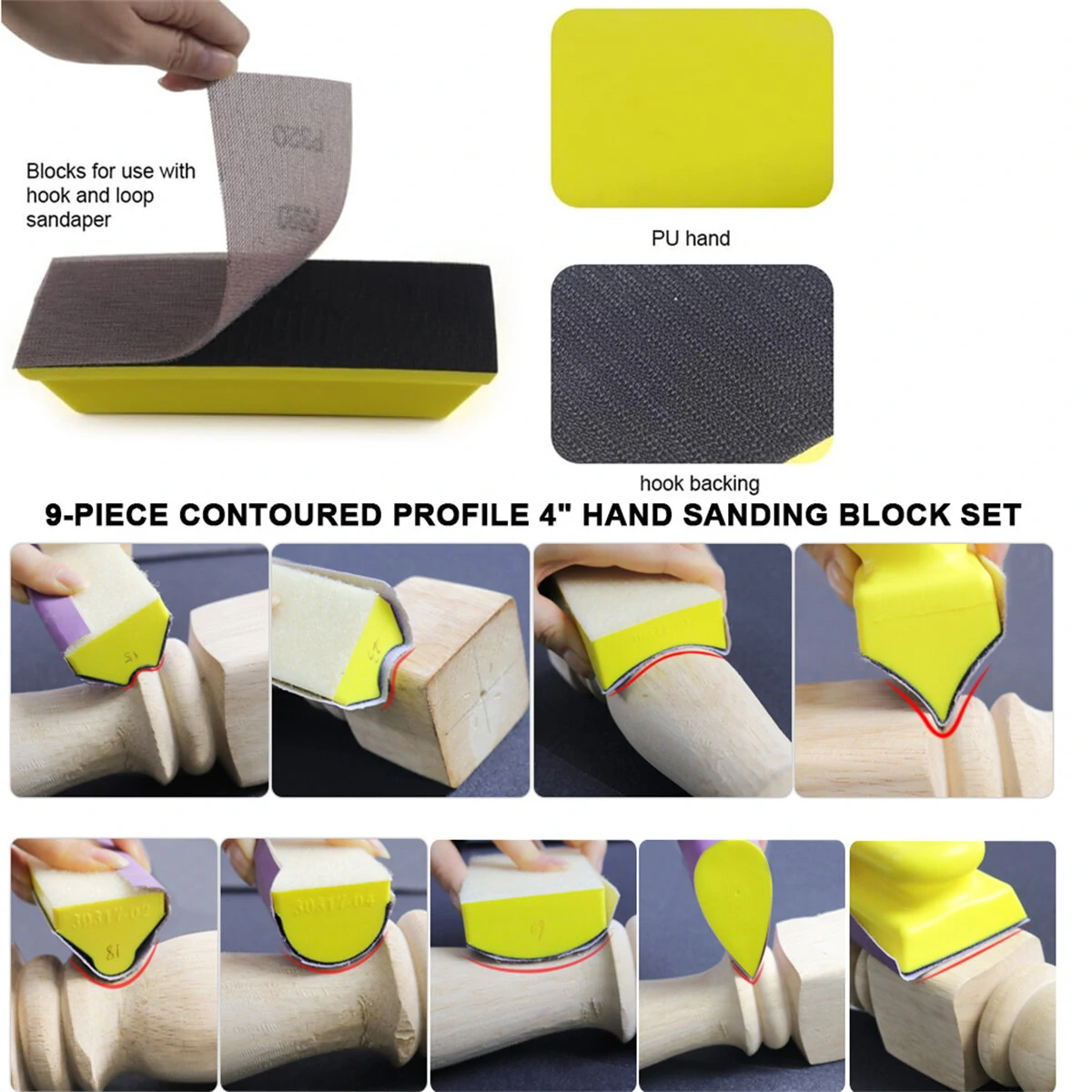 9PCS Hand Sanding Blocks Set Versatile Contoured Profile Yellow Medium-Density Polyurethane Foam Convex and Concave Shapes Hook Loop Attachment for Auto Body Wood Furniture Sanding — view 9