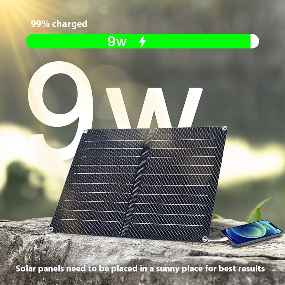 9W Portable Solar Panel Monocrystalline Silicon 6V Outdoor Charging Mobile Phone Tablet Power Bank USB-C USB-A Output — view 2