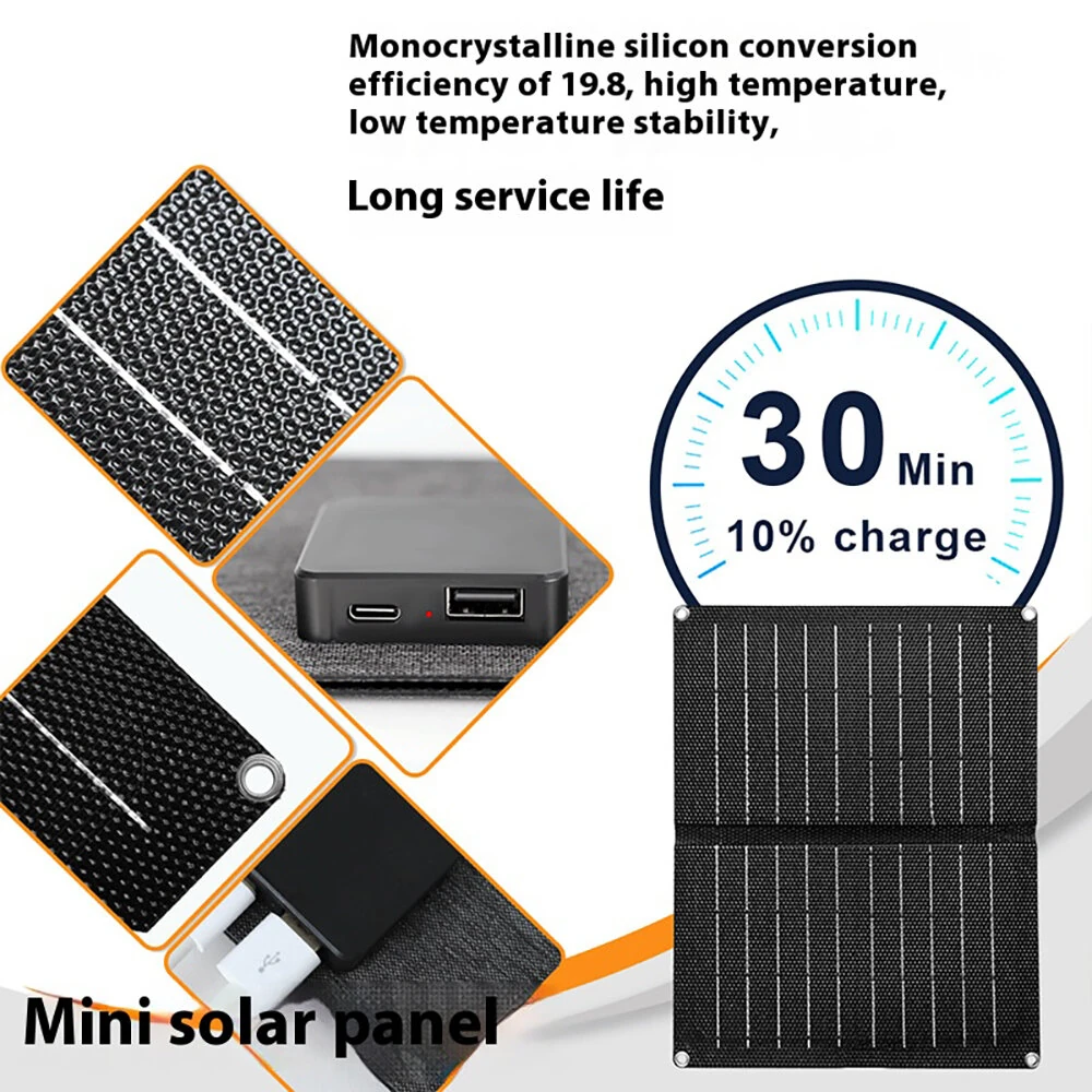 9W Portable Solar Panel Monocrystalline Silicon 6V Outdoor Charging Mobile Phone Tablet Power Bank USB-C USB-A Output — view 6