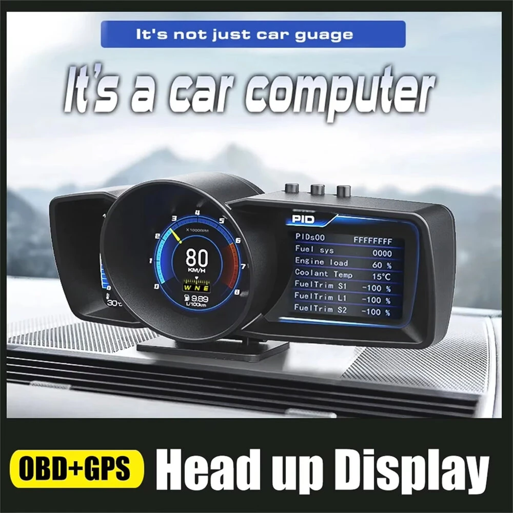 A600 Car HUD On Board Computer Gauge Dual Screen OBD2 GPS Speedometer Turbo Boost Fuel Consumption Ambient Temperature RPM Altitude Direction — view 2