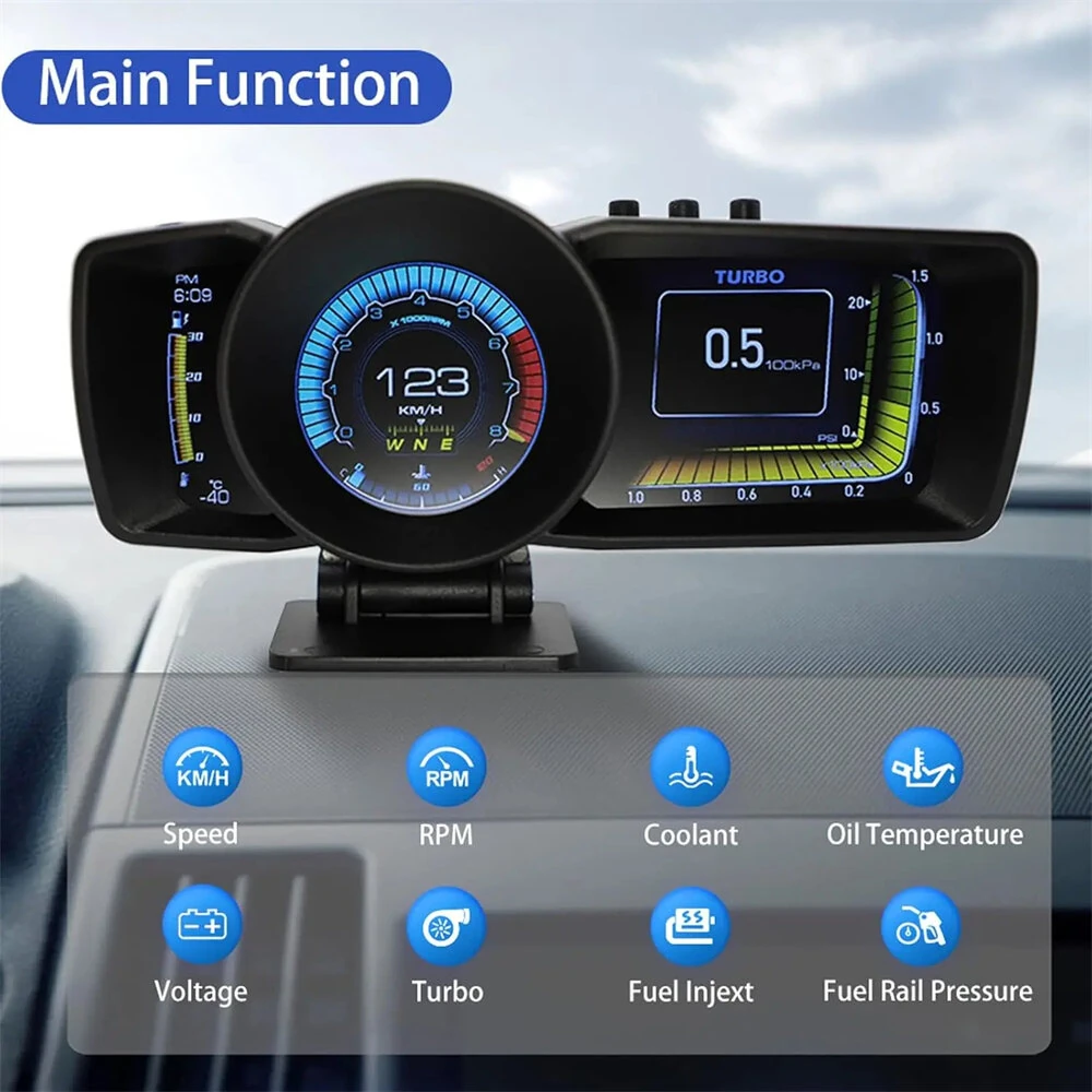 A600 Car HUD On Board Computer Gauge Dual Screen OBD2 GPS Speedometer Turbo Boost Fuel Consumption Ambient Temperature RPM Altitude Direction — view 3