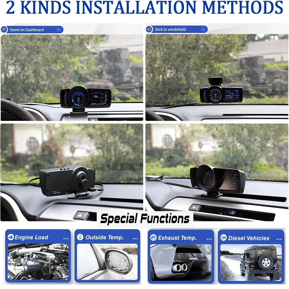 A600 Car HUD On Board Computer Gauge Dual Screen OBD2 GPS Speedometer Turbo Boost Fuel Consumption Ambient Temperature RPM Altitude Direction — view 4