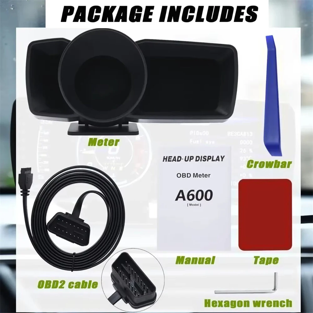 A600 Car HUD On Board Computer Gauge Dual Screen OBD2 GPS Speedometer Turbo Boost Fuel Consumption Ambient Temperature RPM Altitude Direction — view 6
