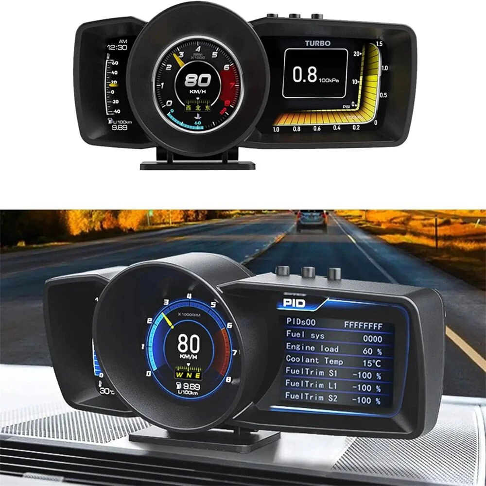 A600 Car HUD On Board Computer Gauge Dual Screen OBD2 GPS Speedometer Turbo Boost Fuel Consumption Ambient Temperature RPM Altitude Direction — view 7