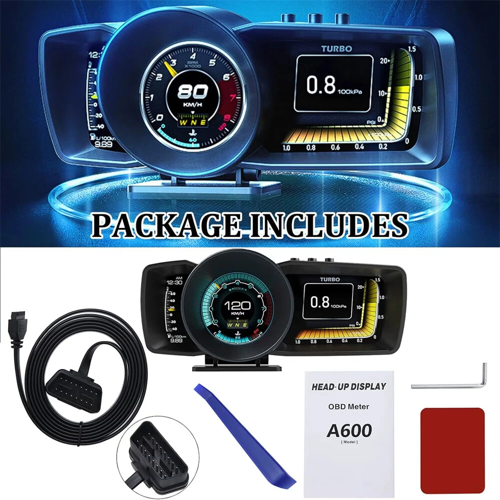 A600 Car HUD On Board Computer Gauge Dual Screen OBD2 GPS Speedometer Turbo Boost Fuel Consumption Ambient Temperature RPM Altitude Direction — view 8
