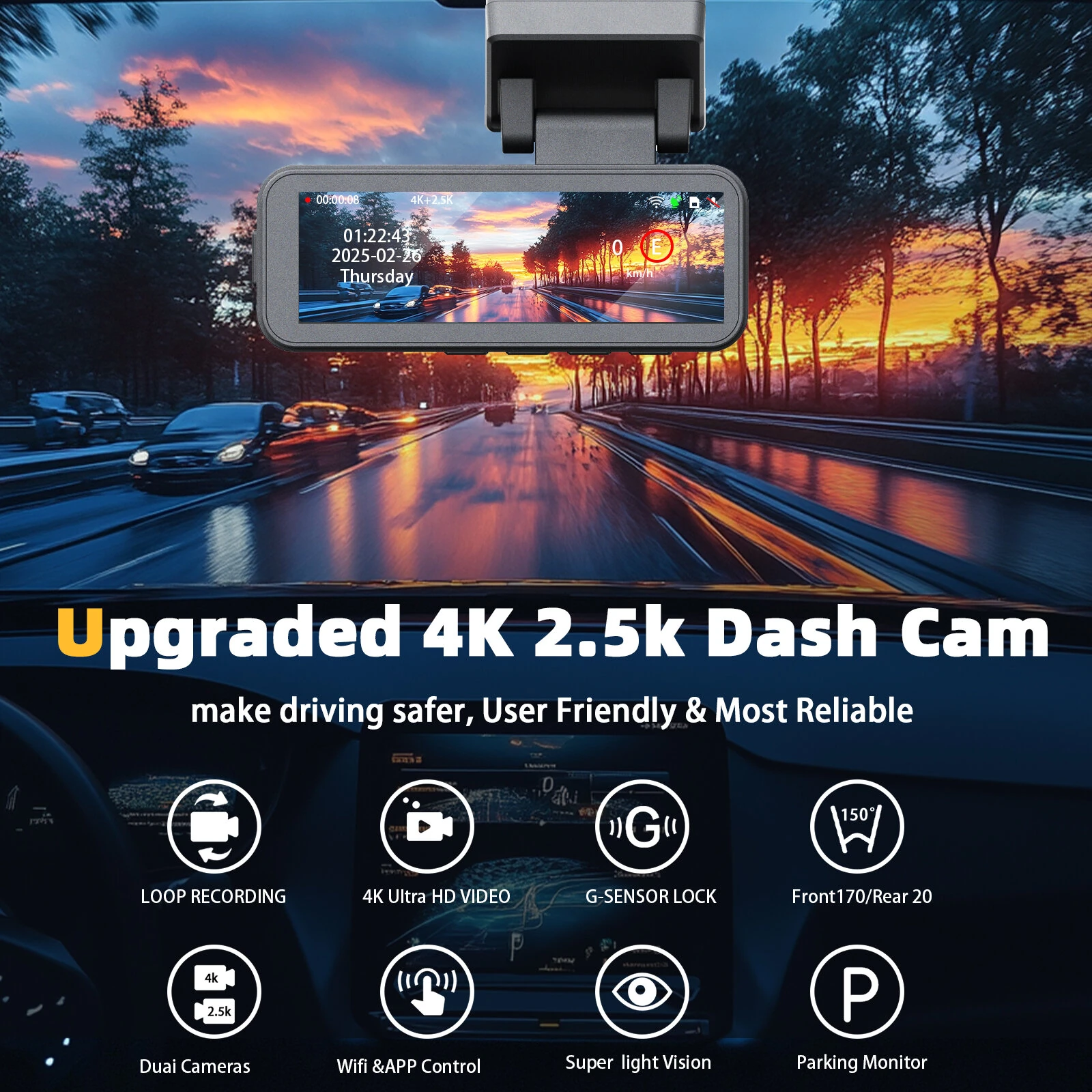 A8 4K Dual Lens Dash Cam Car Driving Recorder Built-in WiFi GPS Super Night Vision 24H Parking Monitor G-Sensor — view 4
