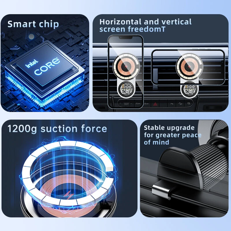 A8 Magnetic Car Mount Wireless Charger Holder 15W Fast Wireless Charging 1200g Strong Suction 360° Adjustable for iPhone Android — view 4