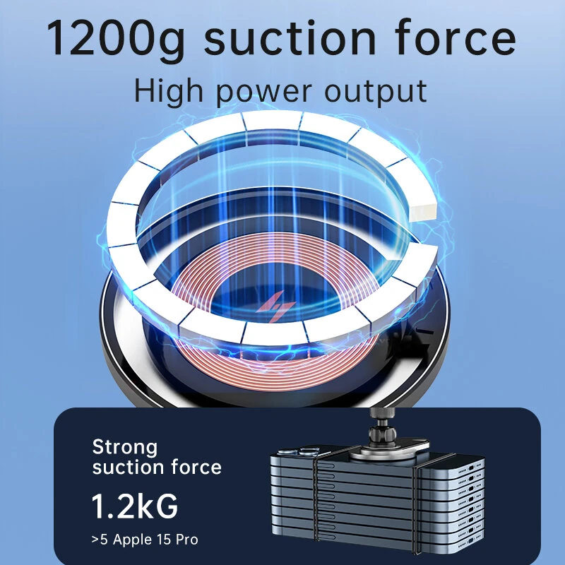 A8 Magnetic Car Mount Wireless Charger Holder 15W Fast Wireless Charging 1200g Strong Suction 360° Adjustable for iPhone Android — view 5