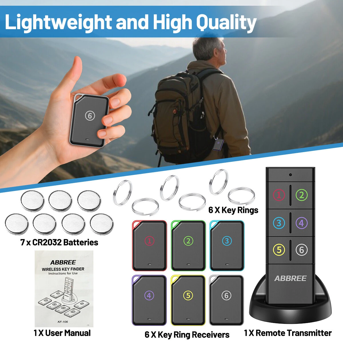 ABBREE KF-106 Wireless Key Finder 50-100 Ft Range 80 dB Sound CR2032 Battery Key Finder Pet Tracker Item Locator Anti Lost Device — view 6