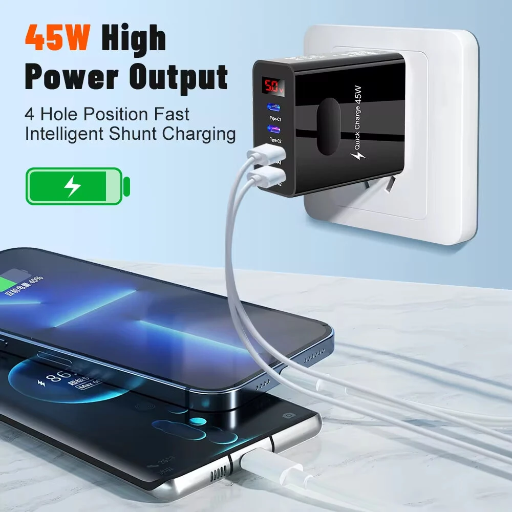 ADC-F004 45W 4-Port USB PD Charger 2USB-A+2Type-C PD QC3.0 Fast Charging Digital Display Wall Charger Adapter EU Plug US Plug for Huawei Pura 70 Ultra for Xiaomi Civi 4 Pro for Samsung Galaxy Z Flip6 for Oppo Reno 12 — view 3