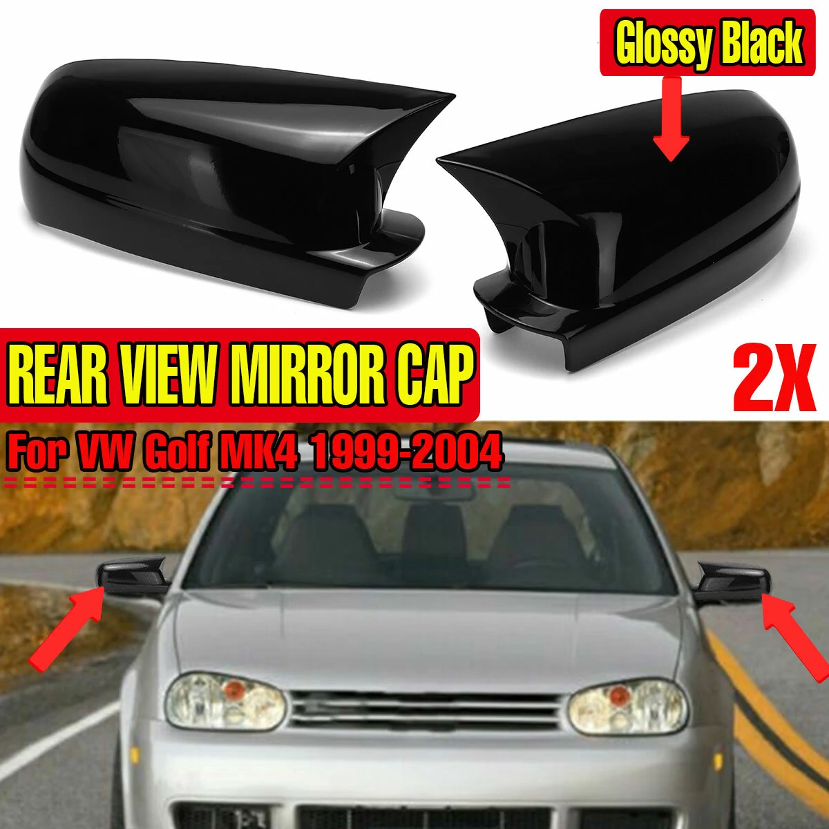 Add-On Glossy Black Left&Right Side Mirror Cover Caps For VW Golf MK4 1999-2004 — view 3