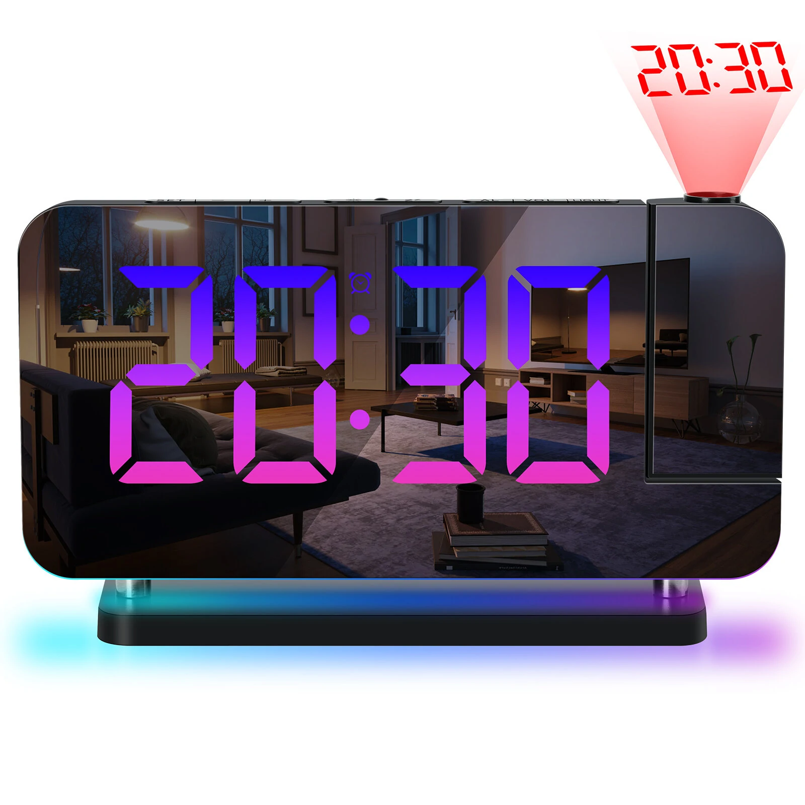 AGSIVO LED RGB Projection Digital Alarm Clock with Mirror Surface 11 Color Night Light Brightness Adjustable 12/24H For Home Bedroom Office — view 2