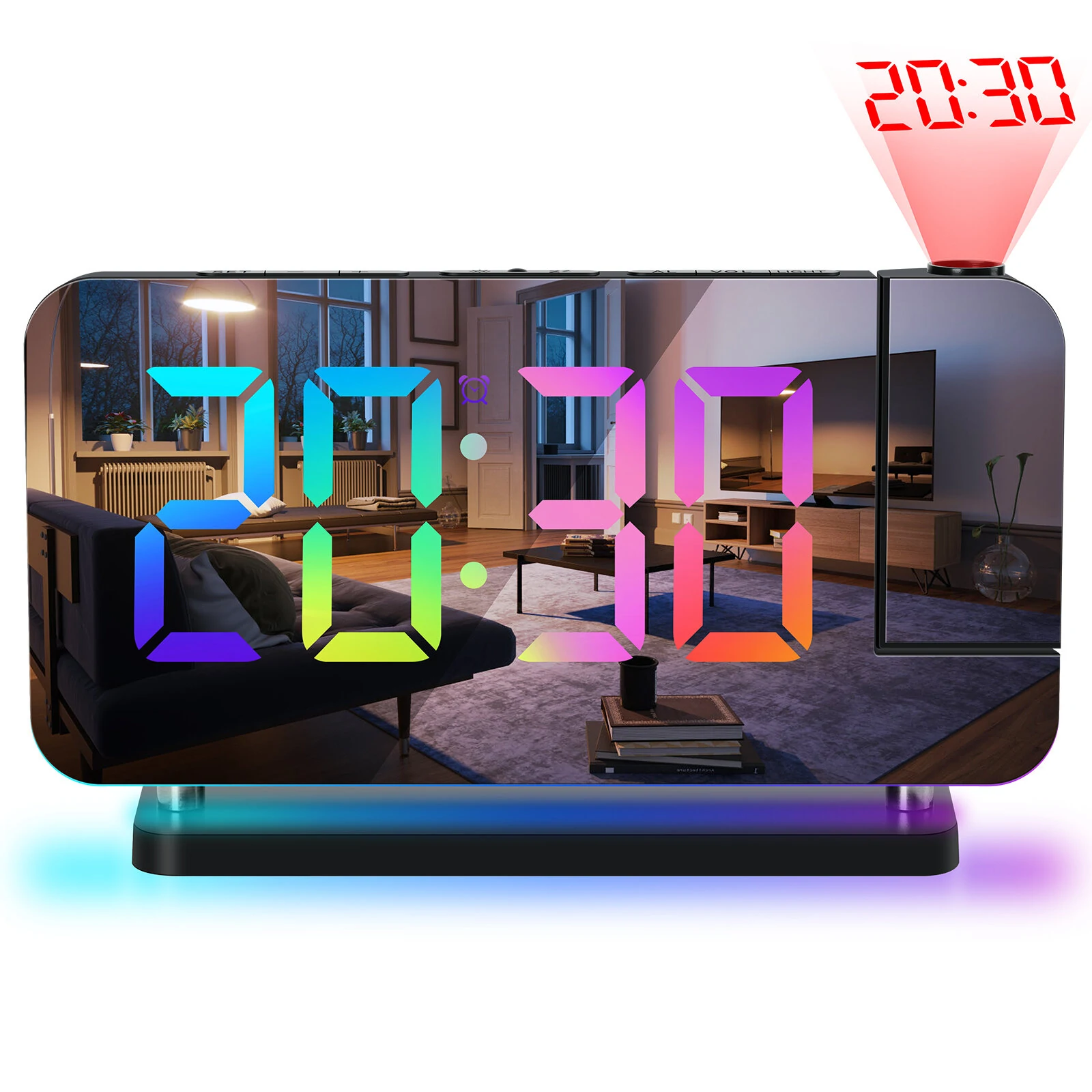 AGSIVO LED RGB Projection Digital Alarm Clock with Mirror Surface 11 Color Night Light Brightness Adjustable 12/24H For Home Bedroom Office — view 3