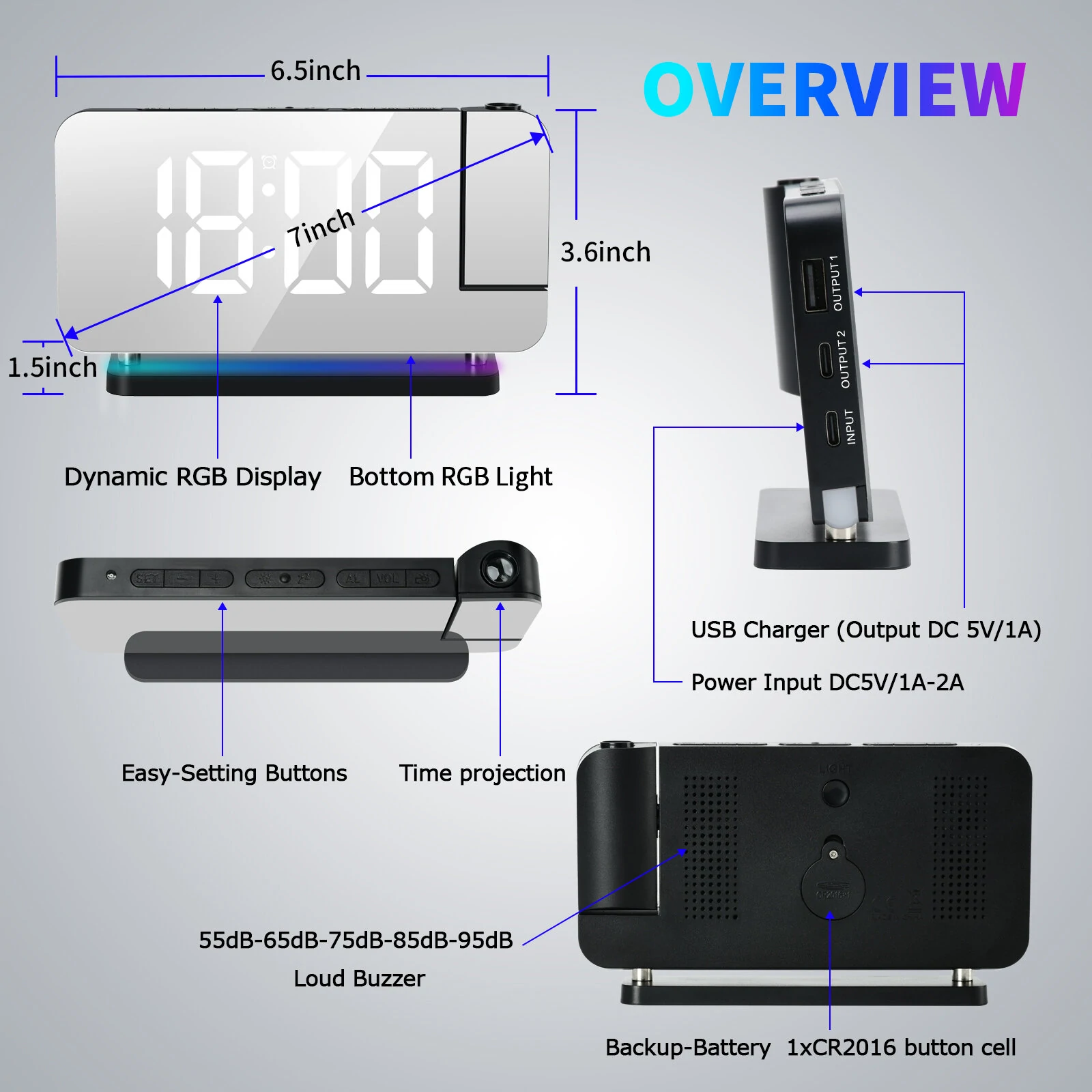 AGSIVO LED RGB Projection Digital Alarm Clock with Mirror Surface 11 Color Night Light Brightness Adjustable 12/24H For Home Bedroom Office — view 6