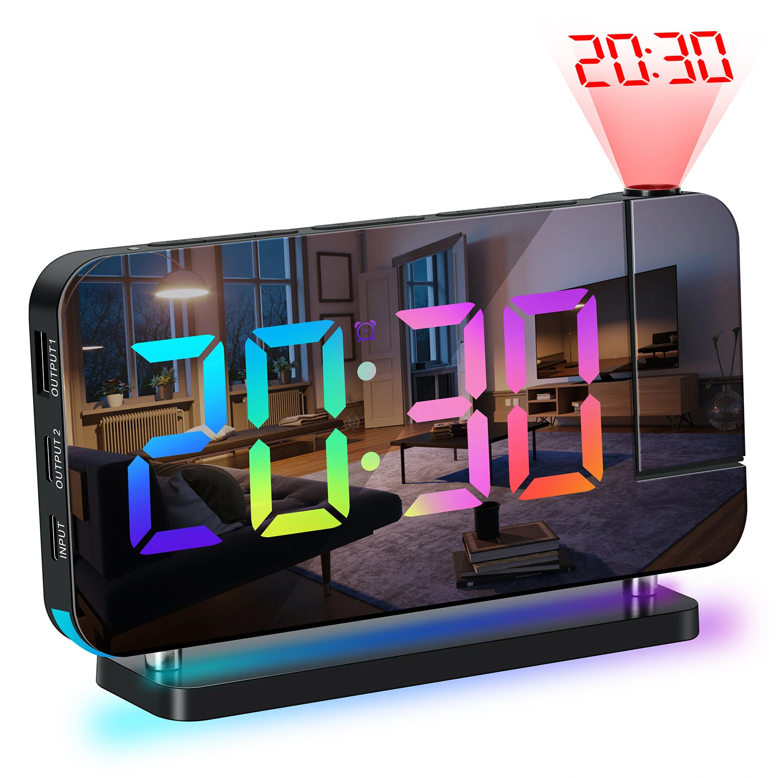 AGSIVO LED RGB Projection Digital Alarm Clock with Mirror Surface 11 Color Night Light Brightness Adjustable 12/24H For Home Bedroom Office — view 7
