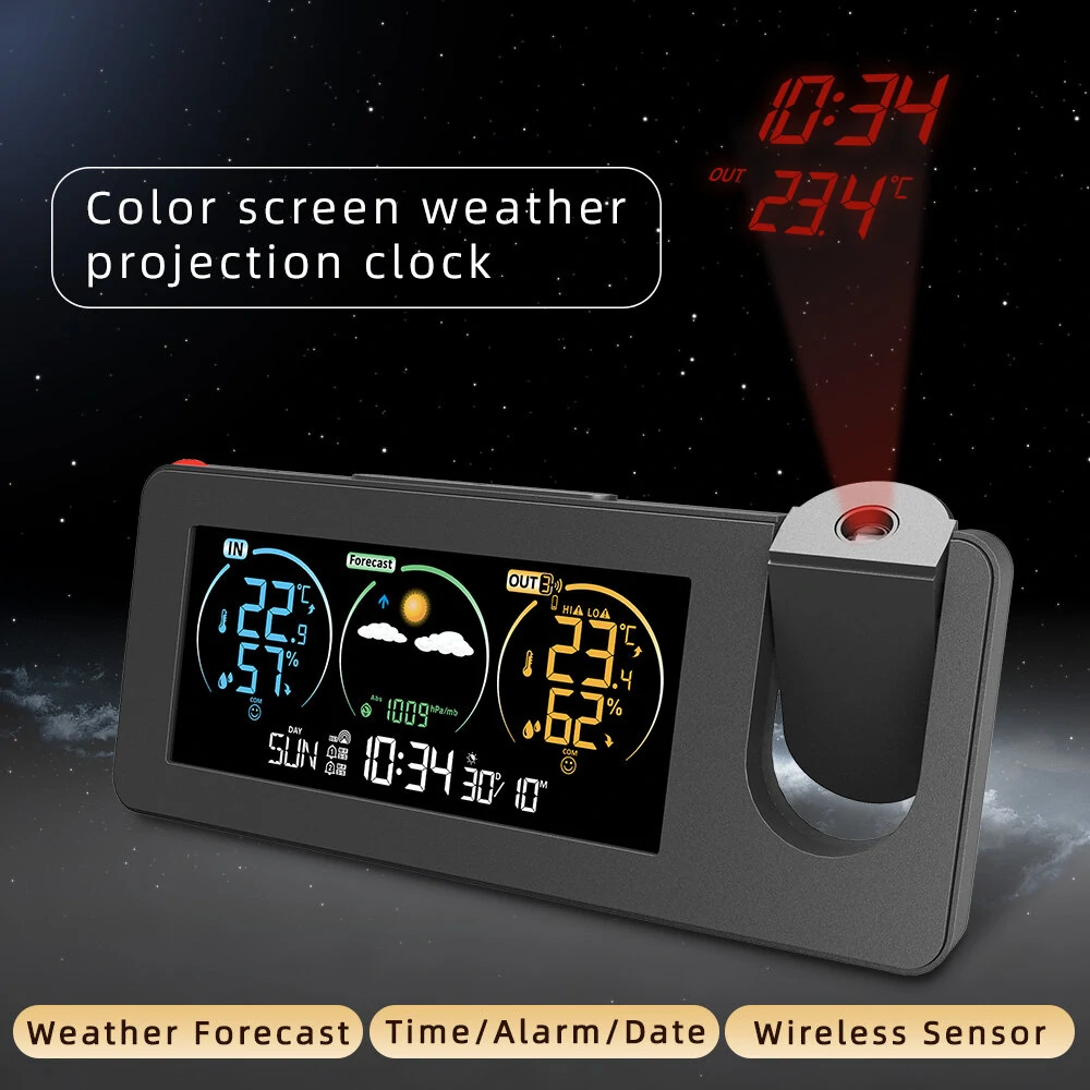 AGSIVO Weather Station Projection Alarm Clock Wireless Indoor Outdoor Thermometer with Atomic Clock and Rotating Projector Forecast Station with Calendar — view 3