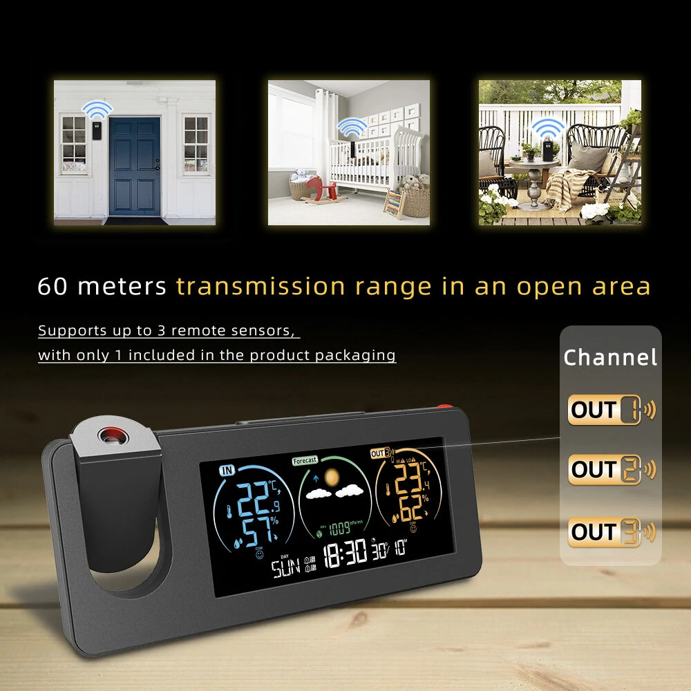 AGSIVO Weather Station Projection Alarm Clock Wireless Indoor Outdoor Thermometer with Atomic Clock and Rotating Projector Forecast Station with Calendar — view 5