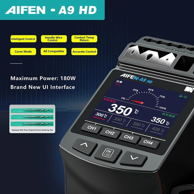 AIFEN A9HD Soldering Iron Station 180W Intelligent Control 2.8 Inch LCD Screen Adjustable Temperature 200°C to 450°C Compatible with C245 Soldering Tips Professional Welding Equipment — view 4