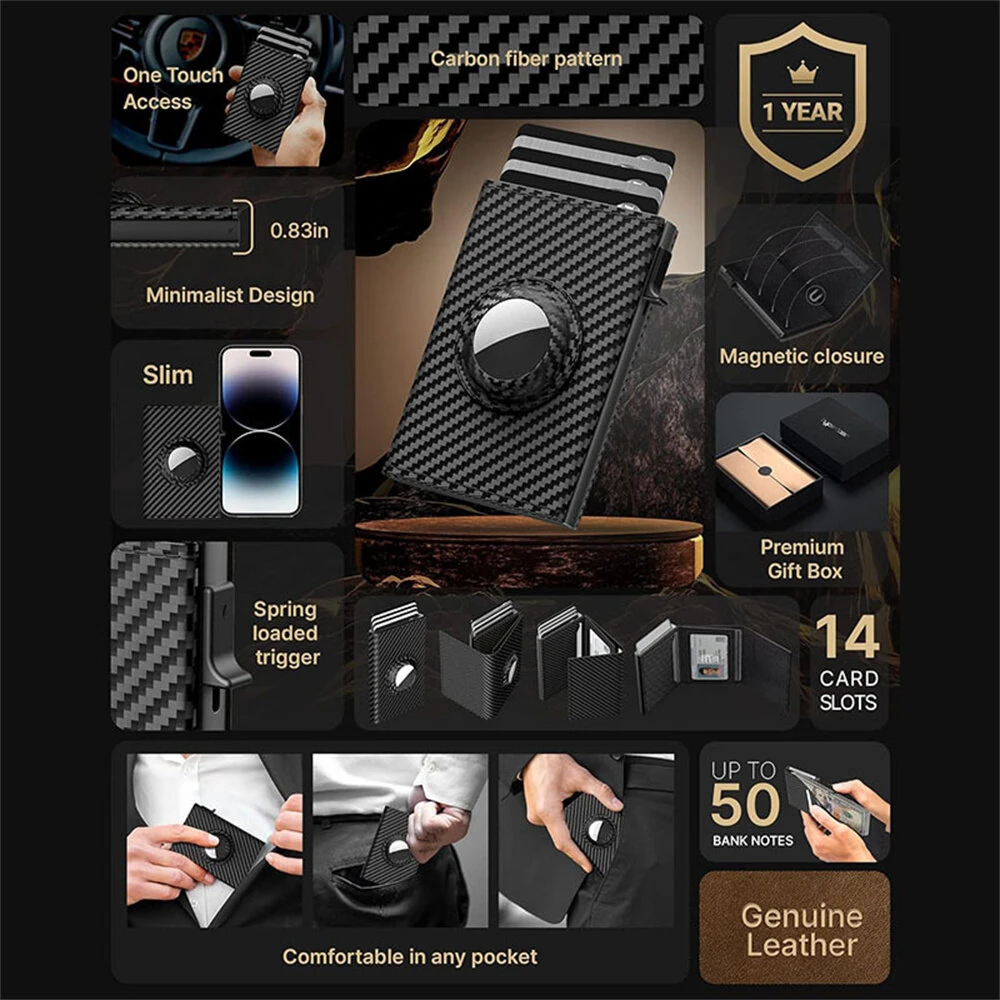 AirTag Microfiber Men's Automatic Popup Card Holder Tri-fold RFID Anti-theft Brush Purse Wallet Credit Card Clip — view 2