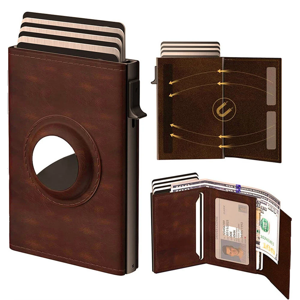 AirTag Microfiber Men's Automatic Popup Card Holder Tri-fold RFID Anti-theft Brush Purse Wallet Credit Card Clip — view 9
